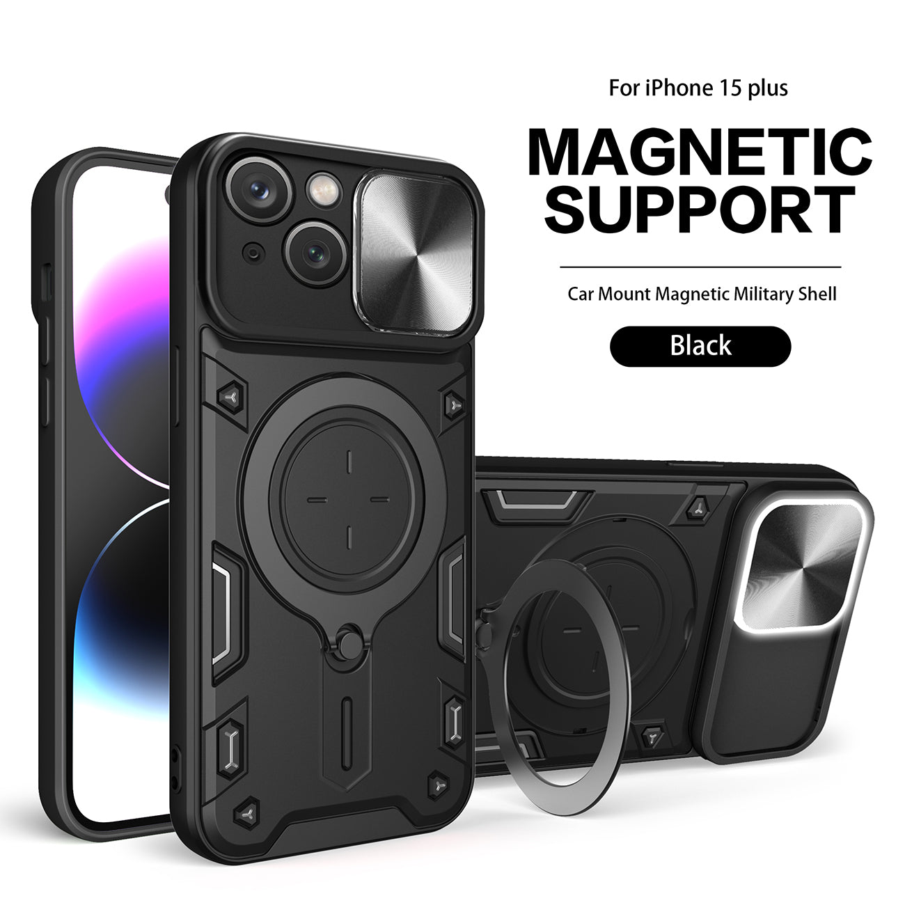 TPU PC Shockproof Magnetic Phone Case with Free Adjustment Ring Holder for IPHONE 15 Plus in Black