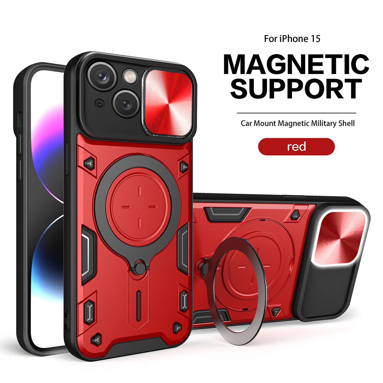 TPU PC Shockproof Magnetic Phone Case with Free Adjustment Ring Holder for IPHONE 15 in Red