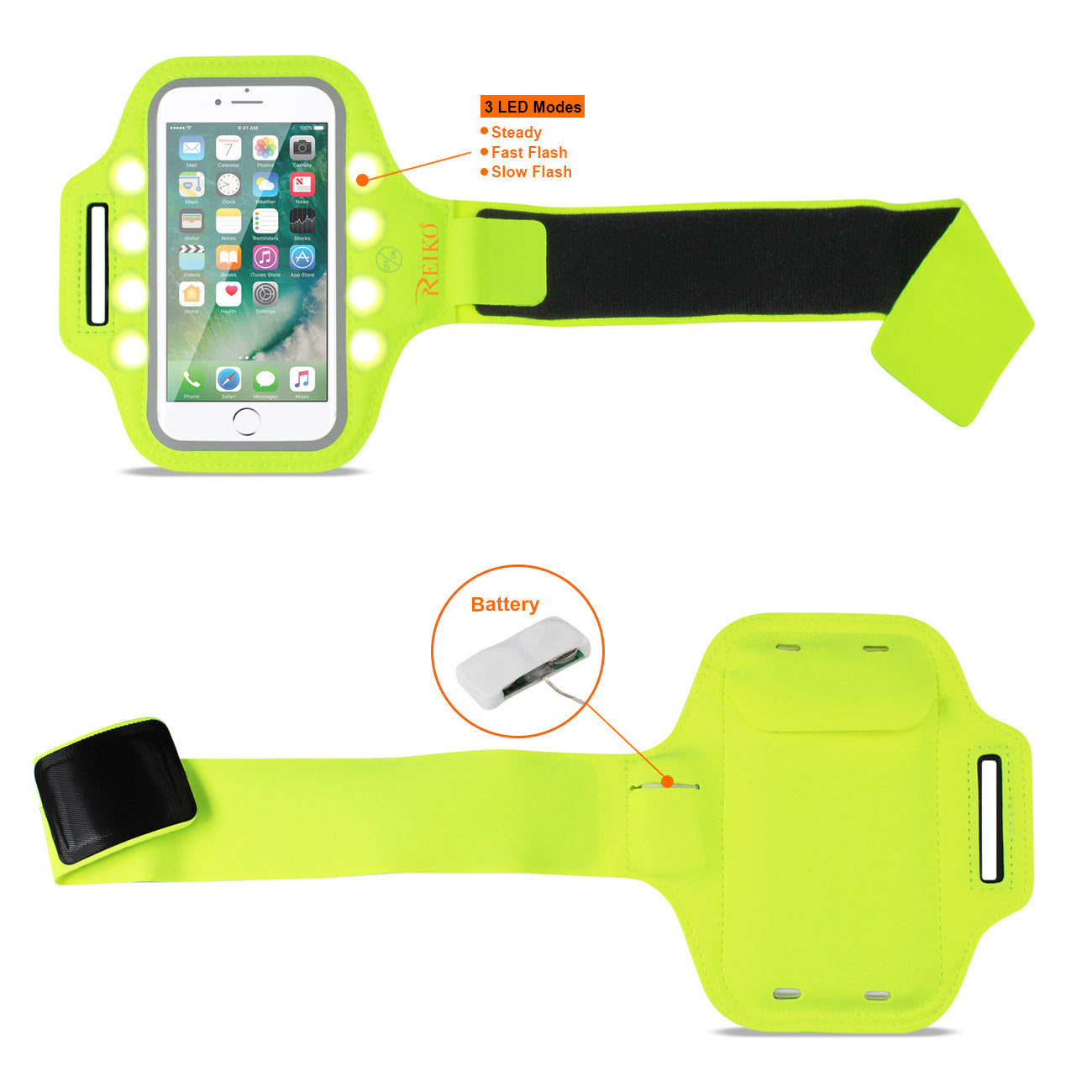 Reiko Running Sports Armband With LED Light And Touch Screen 5.5X3X 0.5 Inches Device In Green