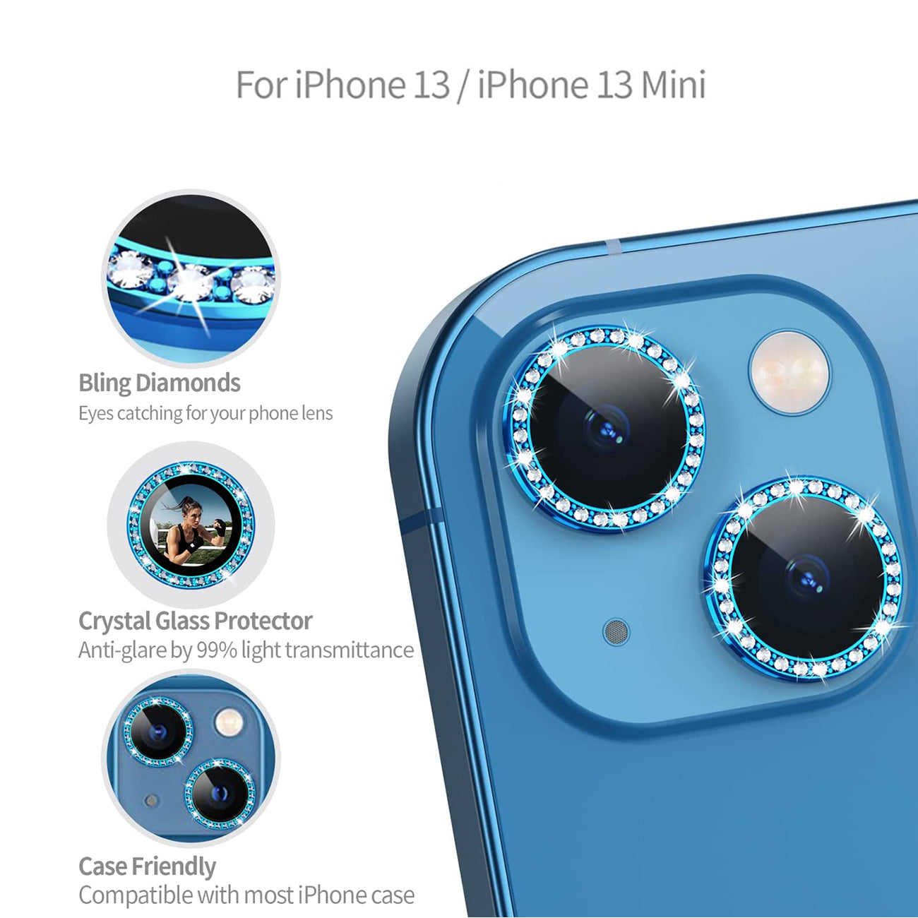 Diamond Camera Lens Protector for iPhone 14 / iPhone 14 Plus In Blue
