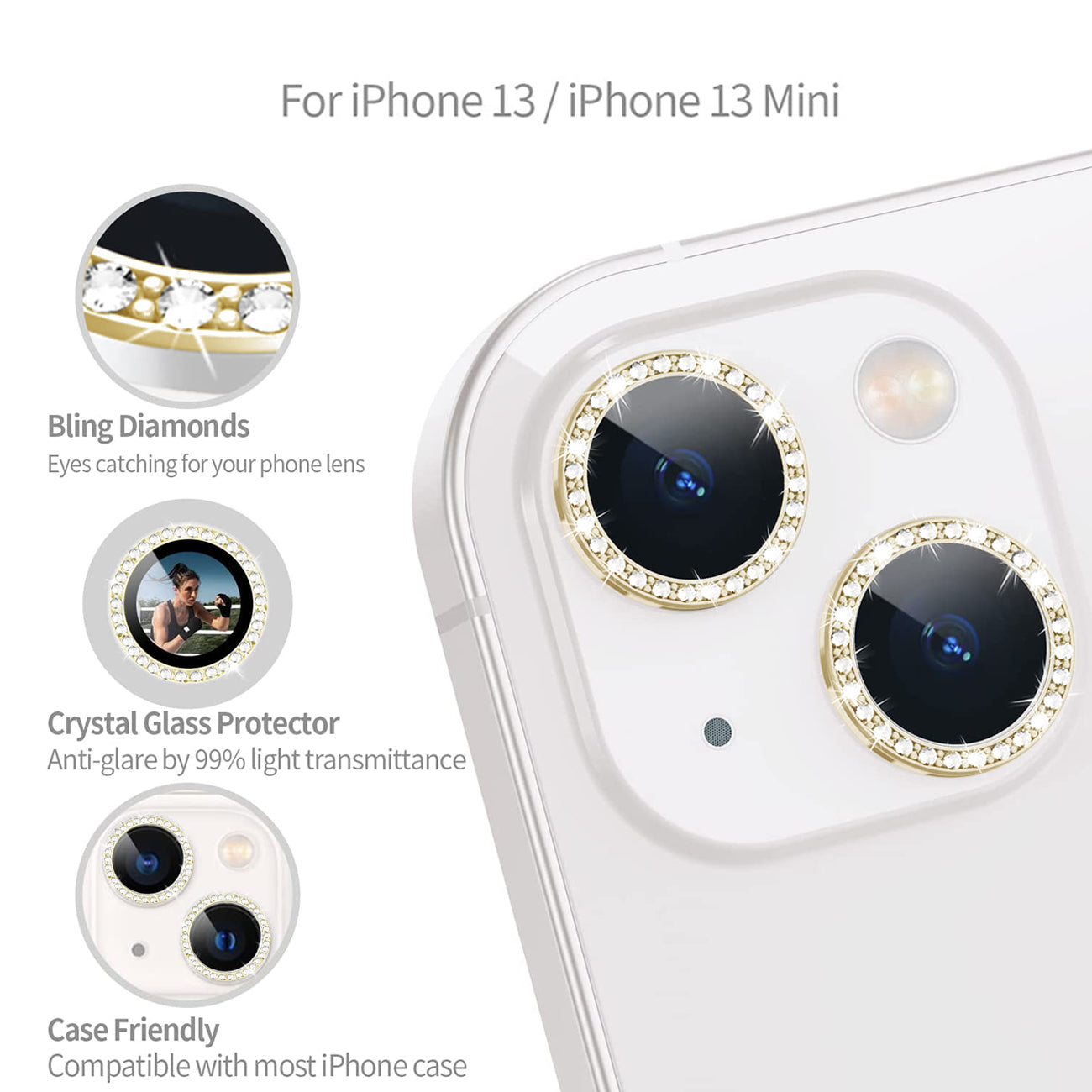 Diamond Camera Lens Protector for iPhone 14 / iPhone 14 Plus In Gold