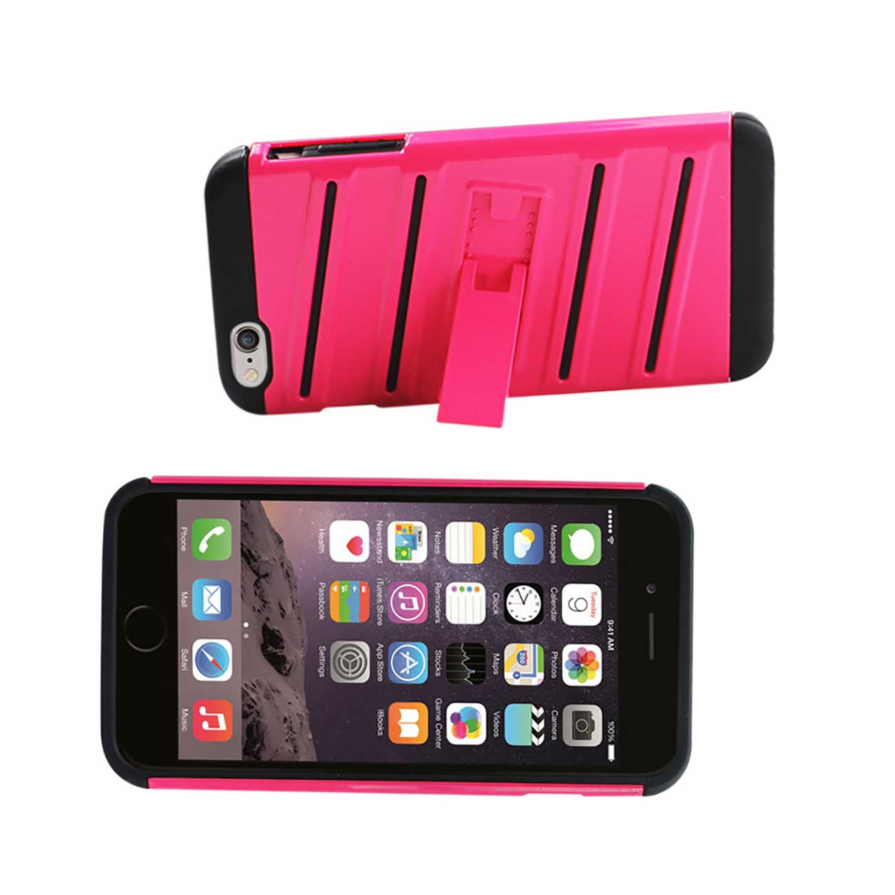 iPhone 6S Plus/ 6 Plus Hybrid Fishbone Case With Kickstand In Black Hot Pink