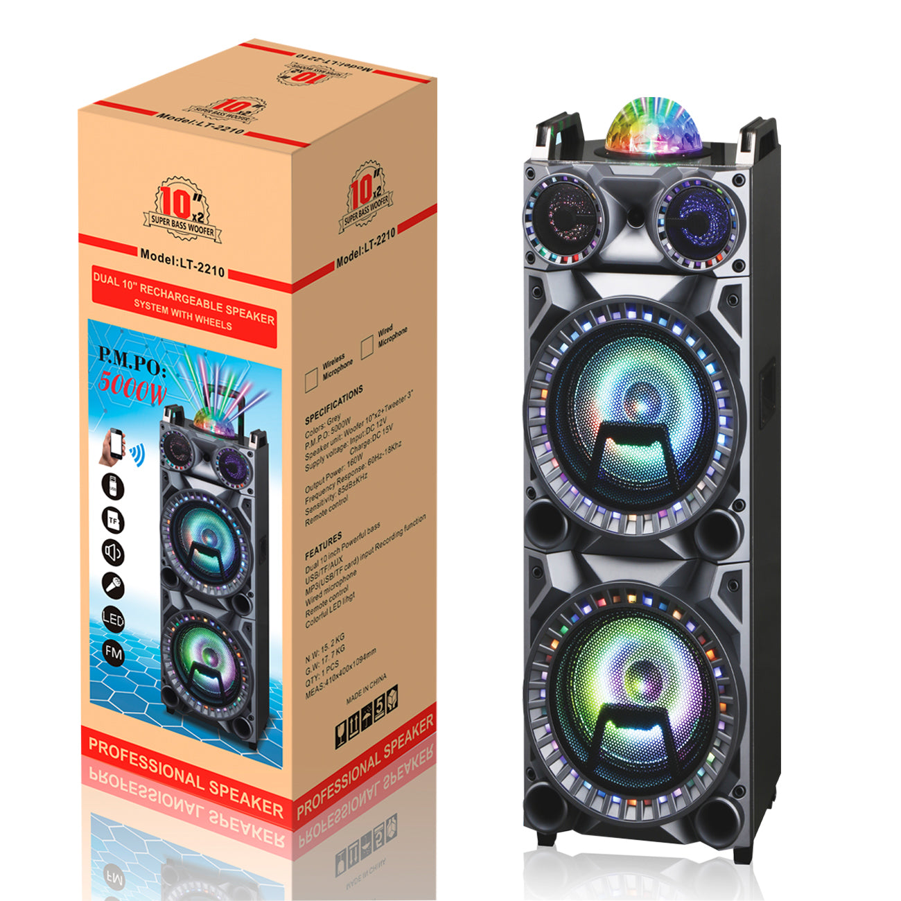 Speaker System Rechargeable Dual With Wheels, LED Lights, Wireless Mic, Remote 10"