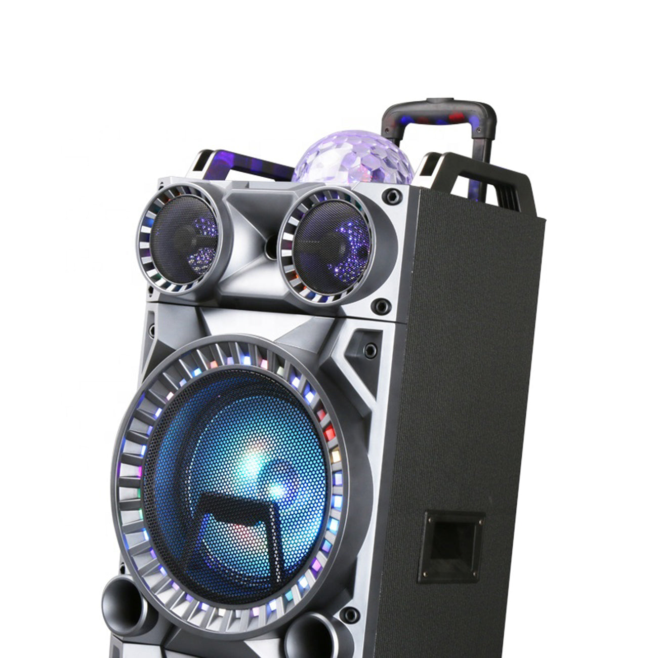 Speaker System Rechargeable Dual With Wheels, LED Lights, Wireless Mic, Remote 10"