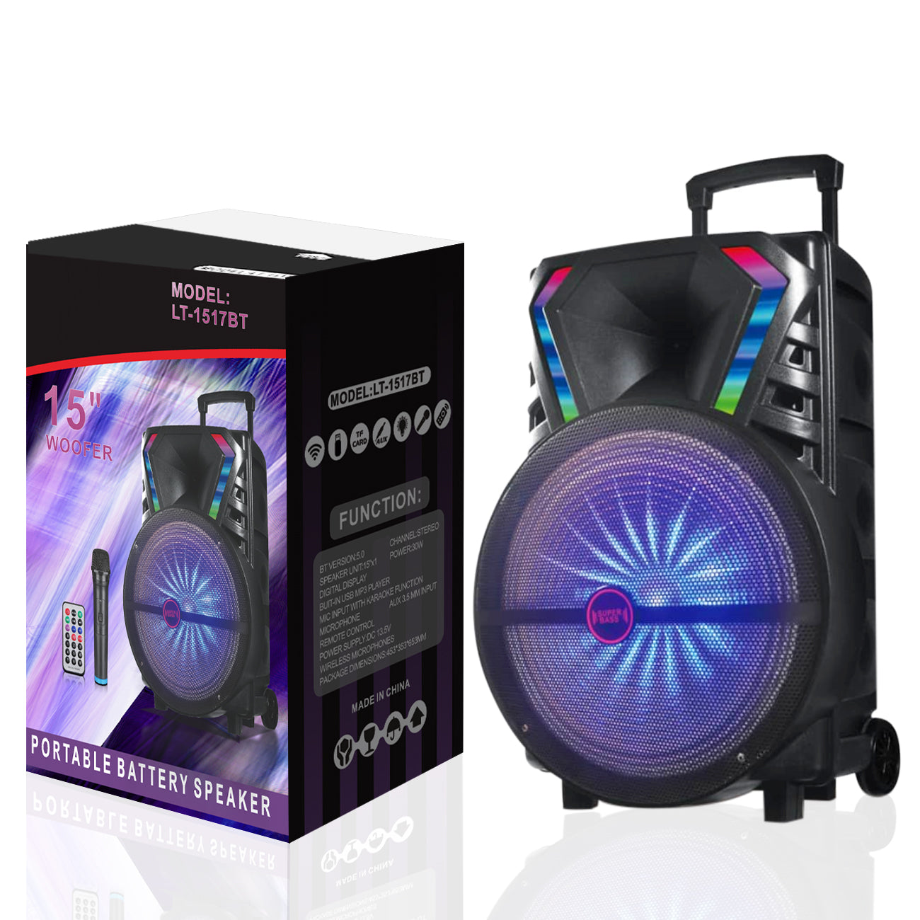 Speaker With Adapter Charger Wireless Mic, Remote LT-1517BT 15"