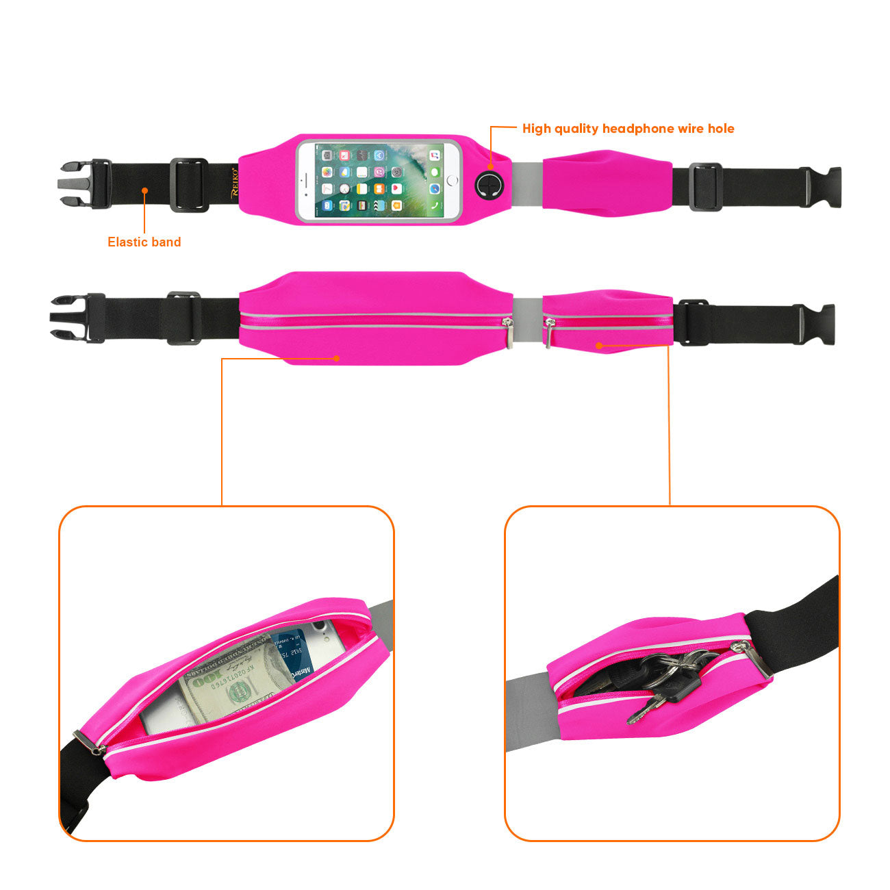 Reiko Running Sport Belt With Touch Screen 5X3X0.5 Inches Device With Two Pockets and LED In Pink