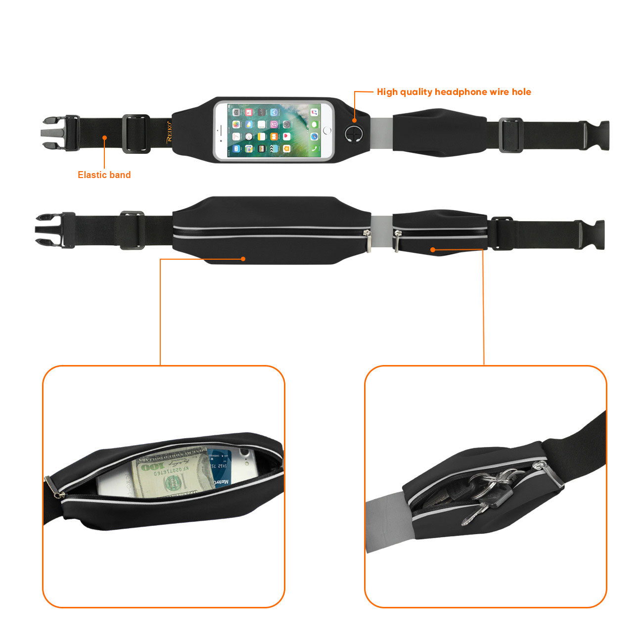 Reiko Running Sport Belt With Touch Screen 5.5X3X0.5 Inches Device With Two Pockets and LED In Black