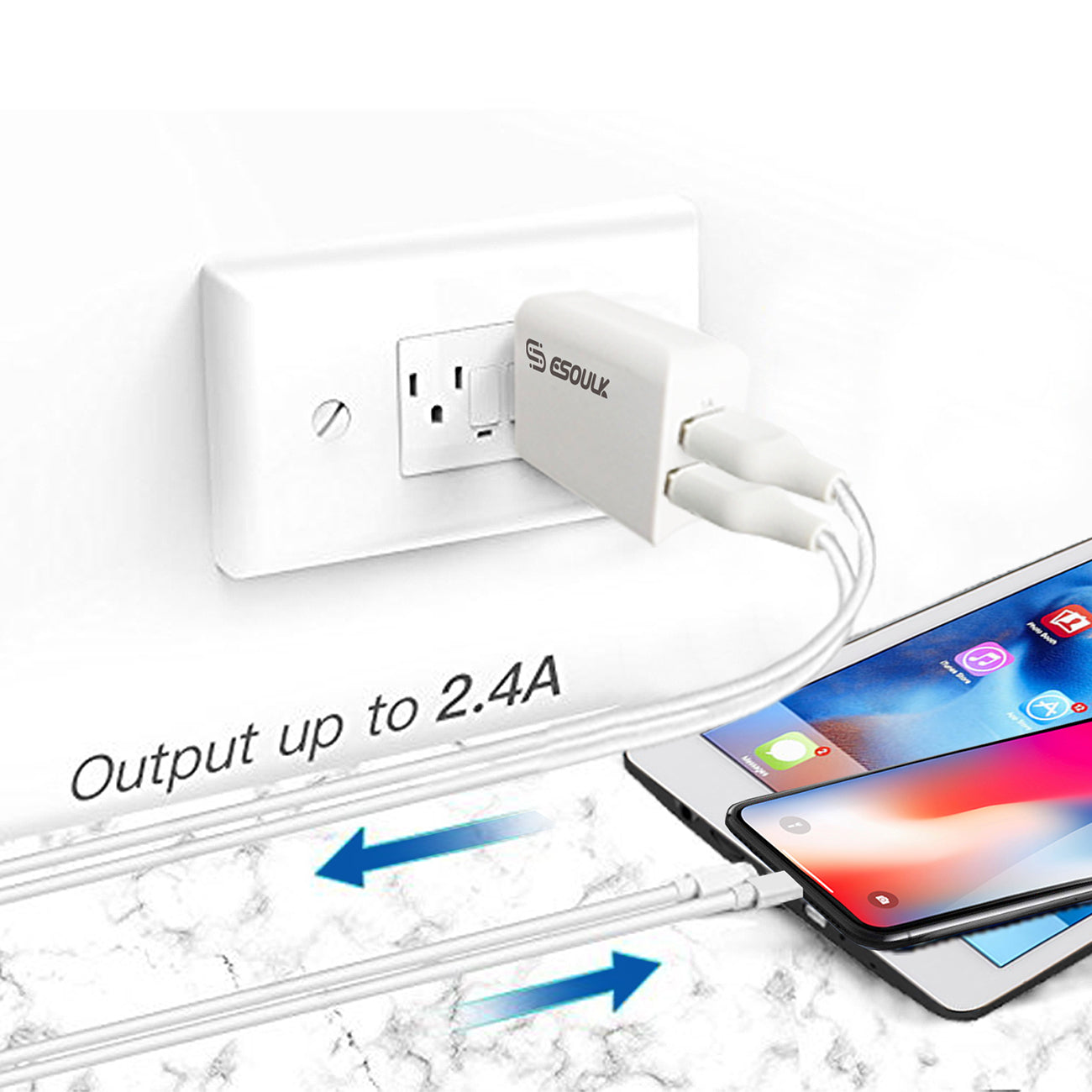 Travel Wall Charger Dual USB With 5FT Charging Cable for 8-PIN 12W 2.4A White Color