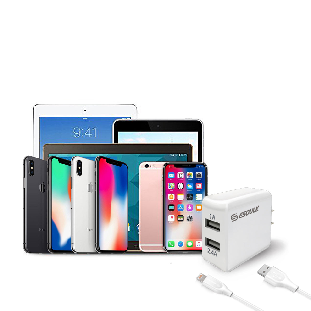 Travel Wall Charger Dual USB With 5FT Charging Cable for 8-PIN 12W 2.4A White Color