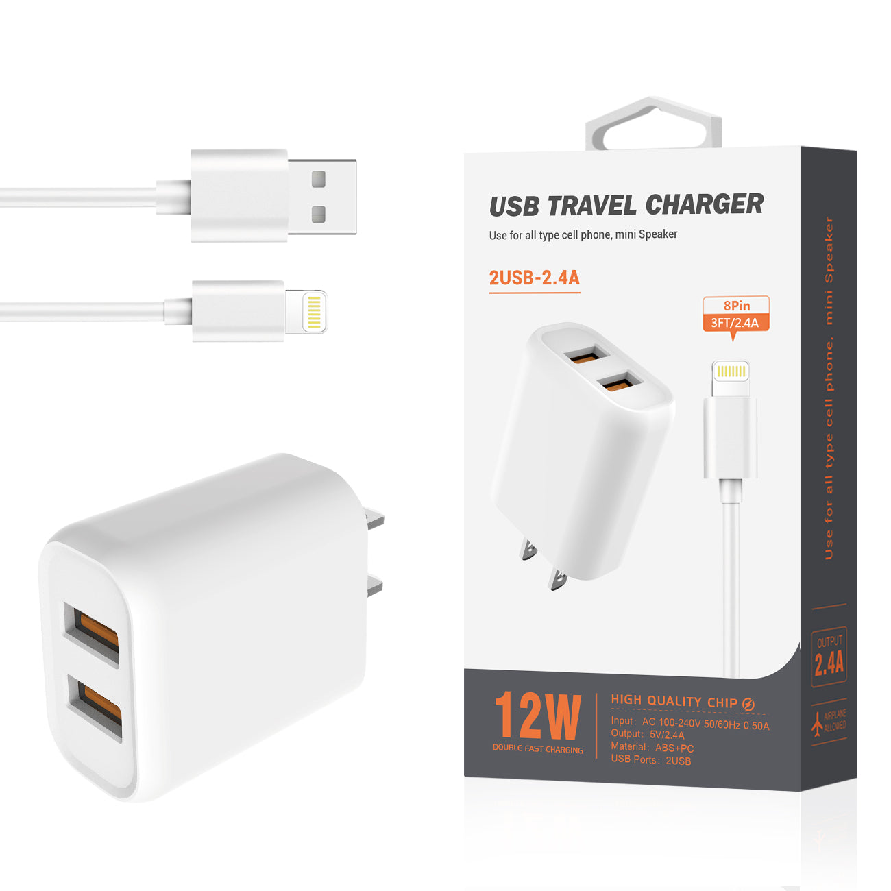 Travel Home Charger With Built In Cable 8 PIN 5Ft Portable White Color