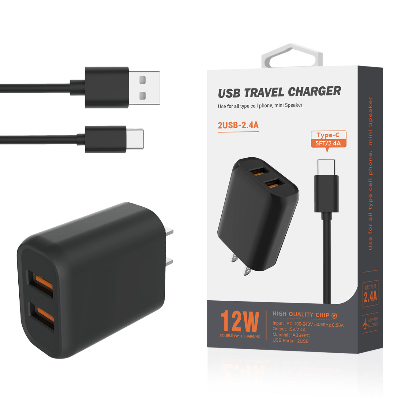 Travel Home Charger Type C With Built In Cable 5Ft Reiko Portable Black Color