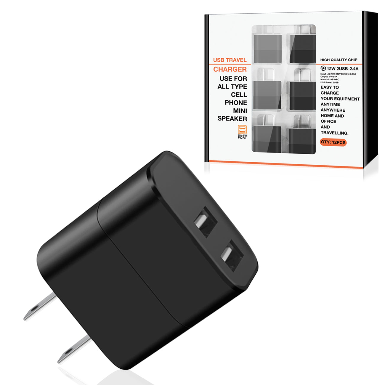 Dual Port USB Wall Charger/ Power Adapter/ Charging Block In Black (12pcs)