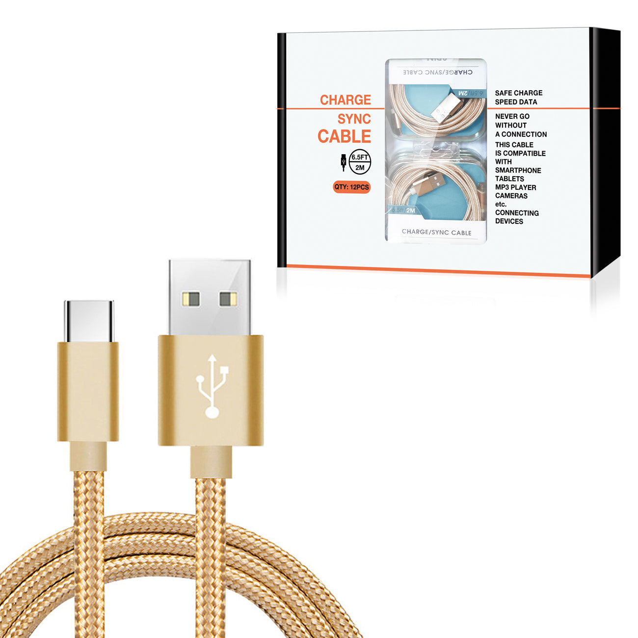 Cable Charge/Sync Fast USB-C 6.5Ft Gold Color (12pcs)