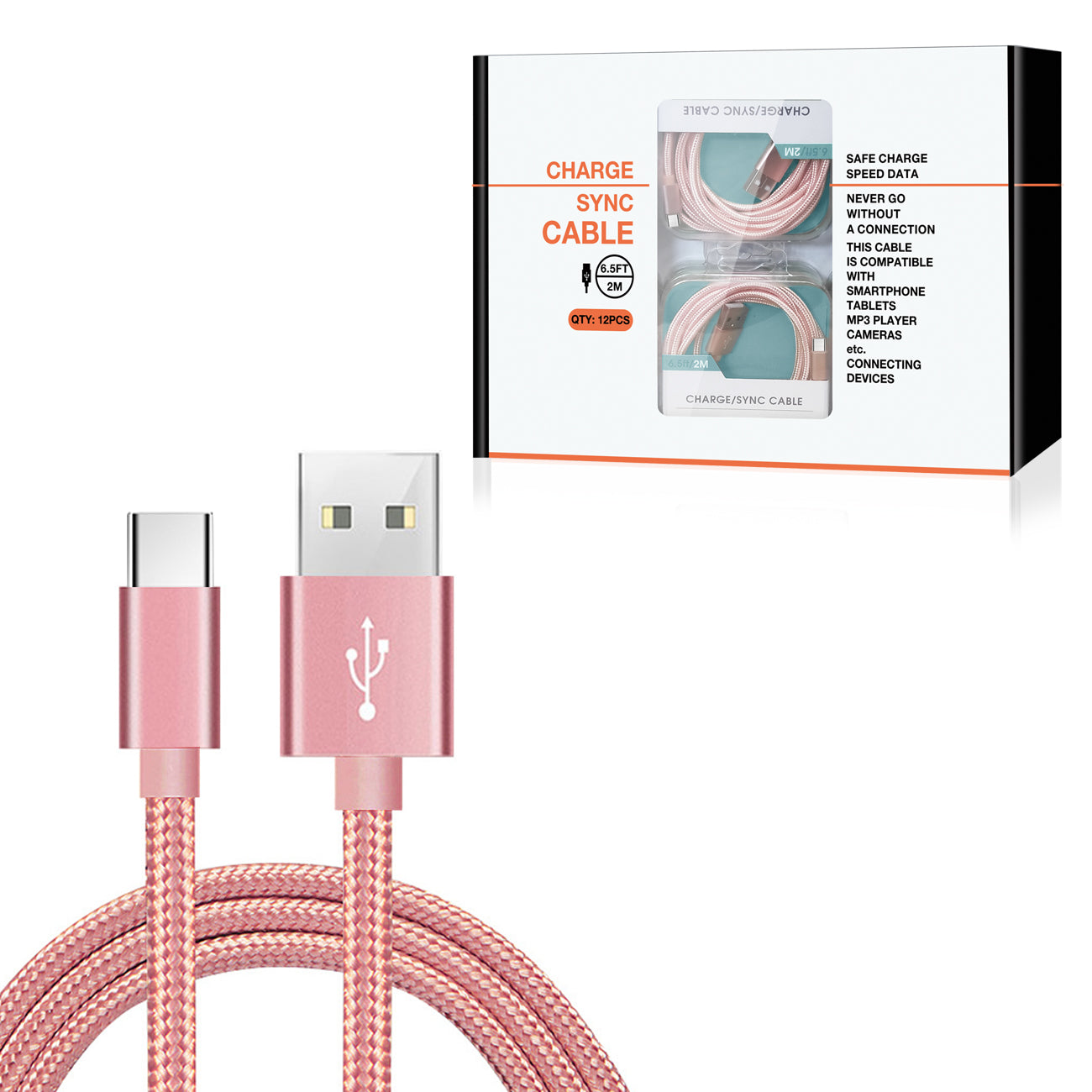 Cable Charge/Sync Fast USB-C 6.5ft Rose Gold Color (12pcs)