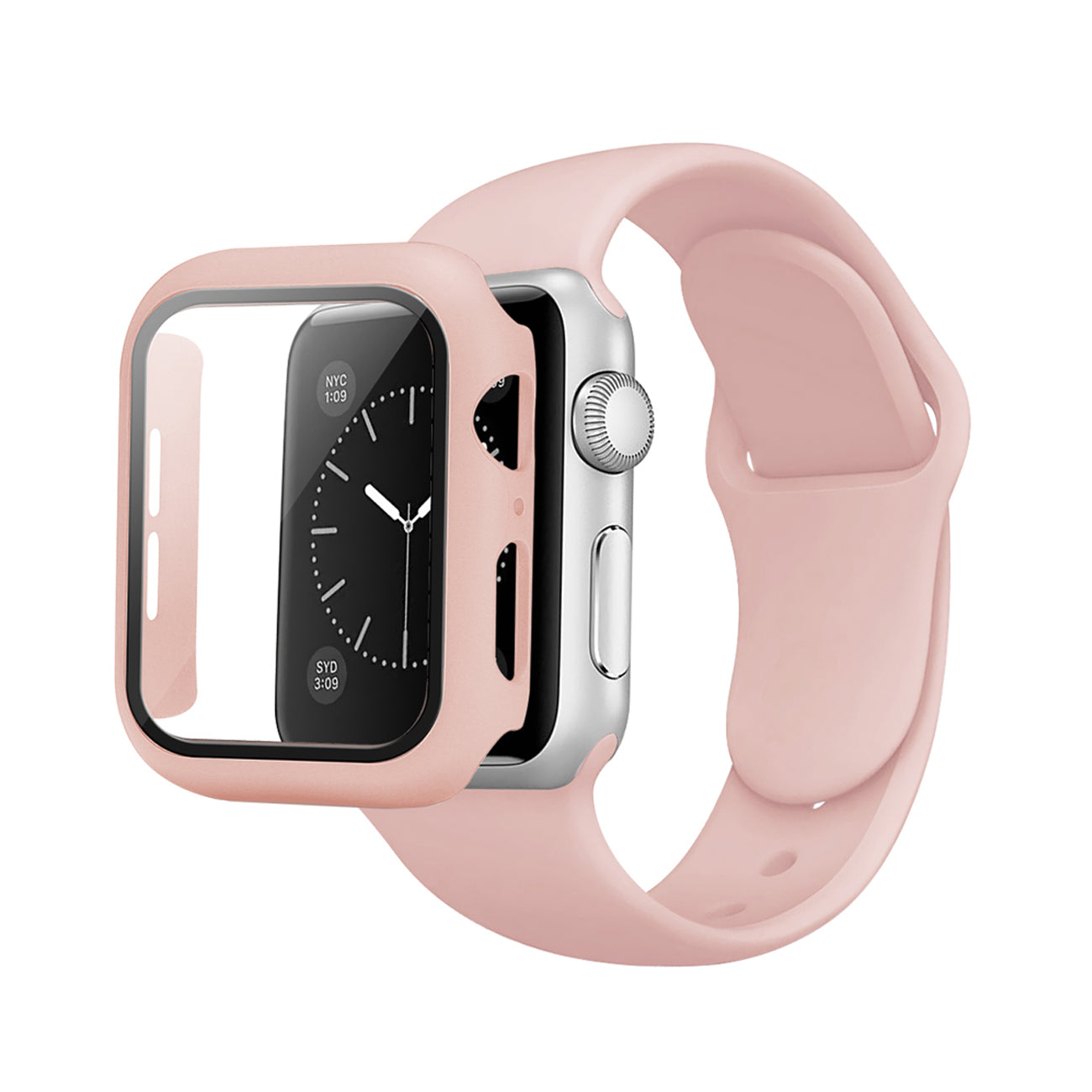 Watch Case PC With Glass Screen Protector Silicone Watch Band Apple Watch 45mm Pink Color