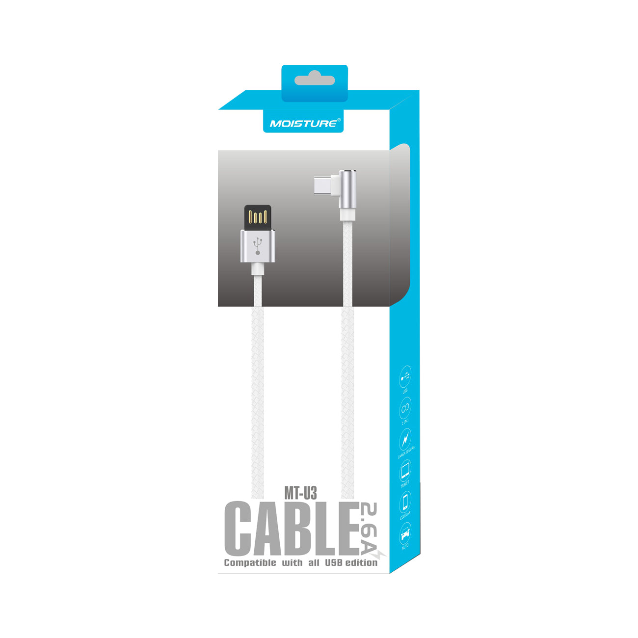 Cable USB Type C Premium Full Steel Moisture 2.6A Silver Color
