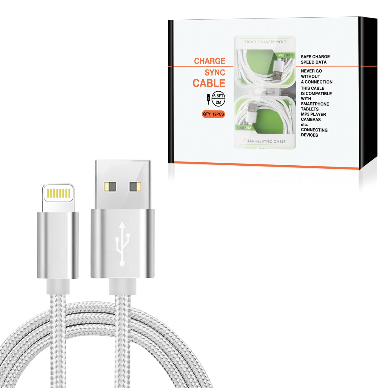 8-PIN Fast Charge/Sync Cable 6.5 ft In Silver (12pcs)