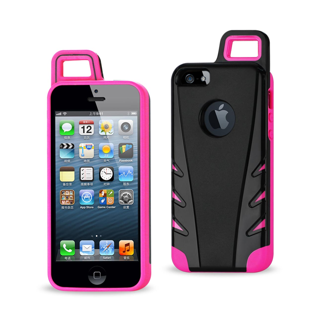 Case Hybrid iPhone 5/ 5S/ SE Drop Proof Workout With Hook Black Hot Pink Color