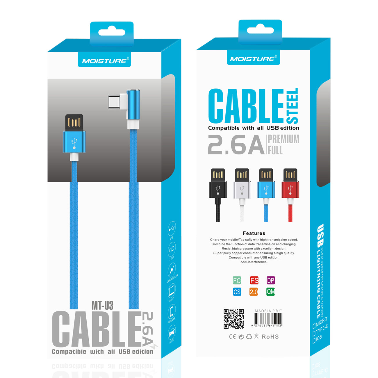 Cable USB To Type C Premium Full Steel Moisture 2.6A Blue Color