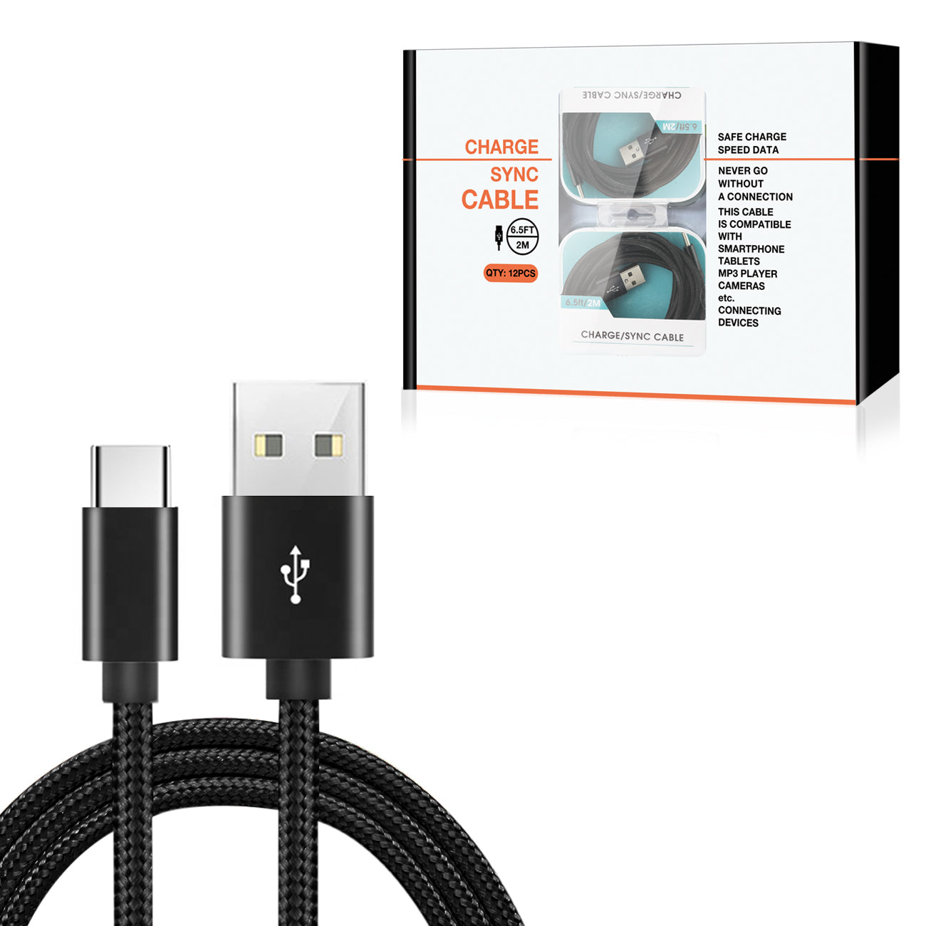 Cable Charge/ Sync Fast USB-C 6.5ft Black Color(12pcs)