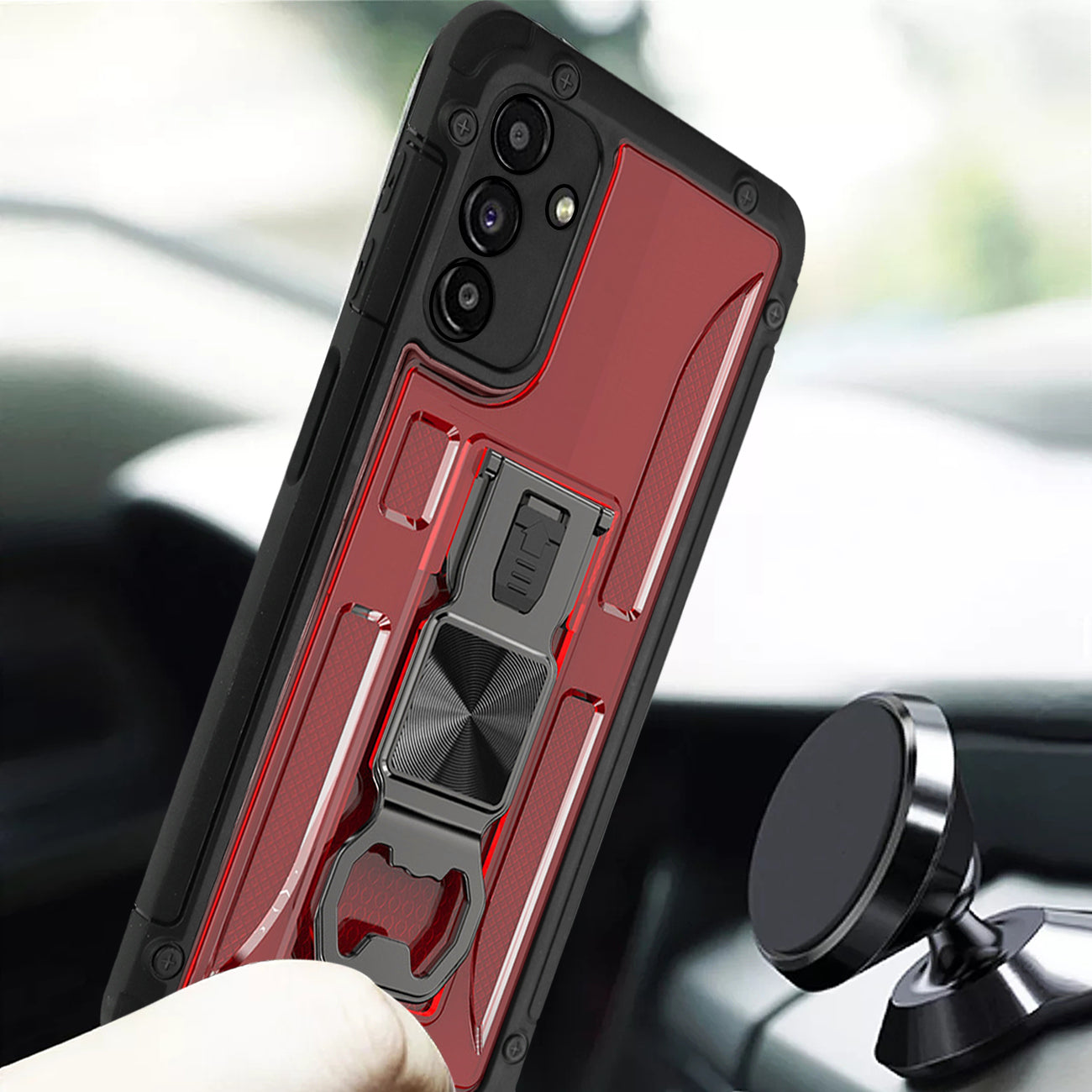 Kickstand Ring Holder/Bottle Opener with Magnetic Car Mount for Samsung Galaxy A13 5G In Red