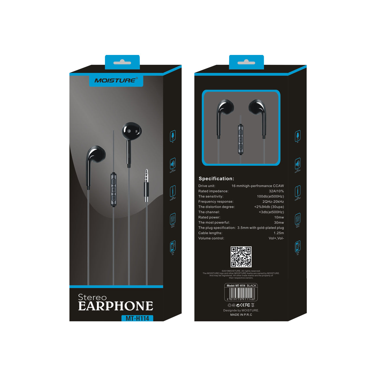Earphones MT-H114 Moisture Stereo Black Color