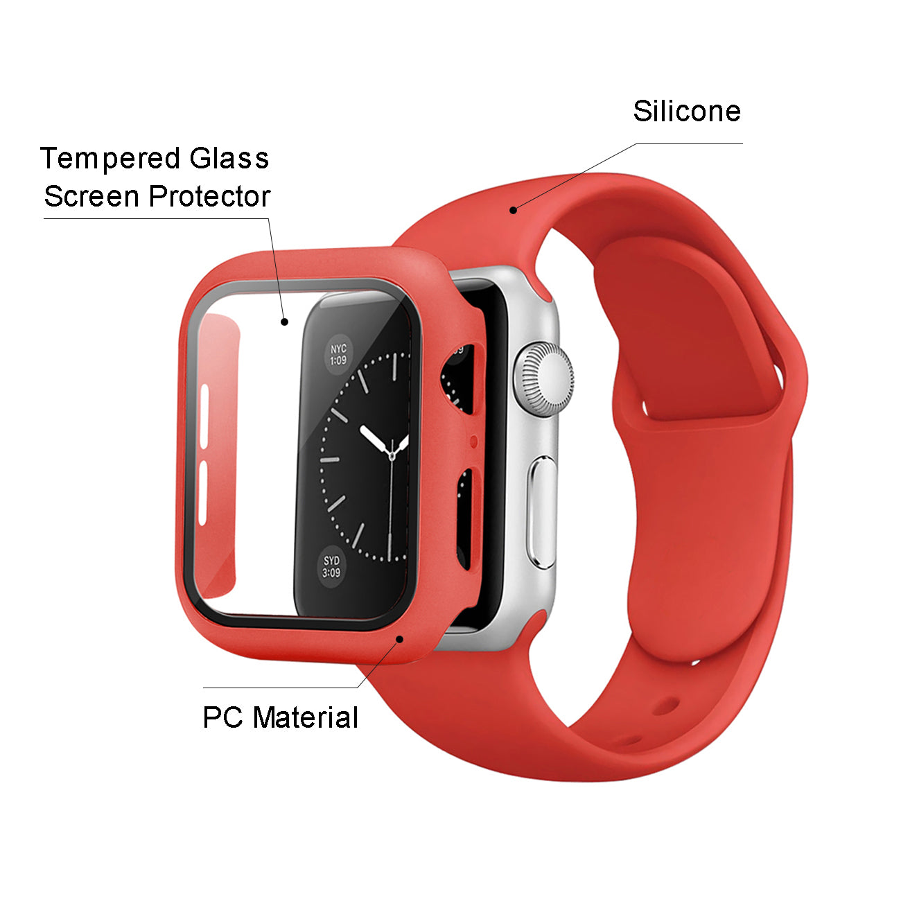 Watch Case PC With Glass Screen Protector Silicone Watch Band Apple Watch 45mm Red Color