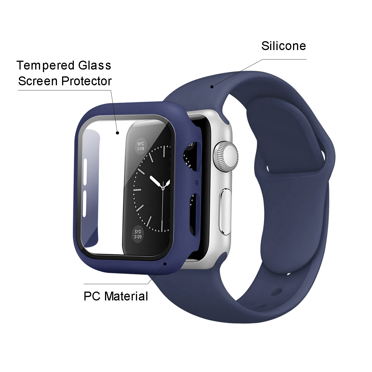 Watch Case PC With Glass Screen Protector, Silicone Watch Band Apple Watch 41mm Navy Color