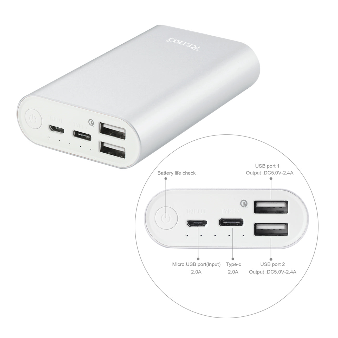 2A5V 6800MAH UNIVERSAL POWER BANK WITH TWO USB-A Ports and ONE USB-C IN SILVER