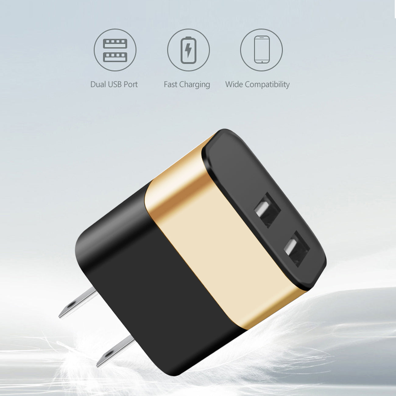 Wall Charger/ Power Adapter/ Charging Block USB Dual Port Gold Color (12Pcs)