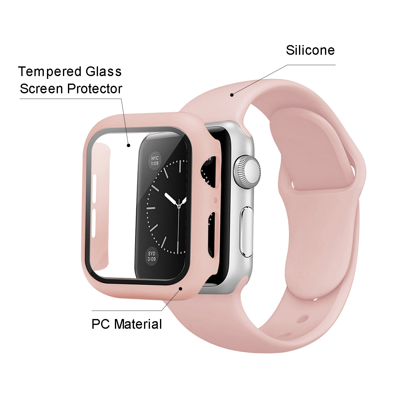 Watch Case PC With Glass Screen Protector, Silicone Watch Band Apple Watch 41mm Pink Color
