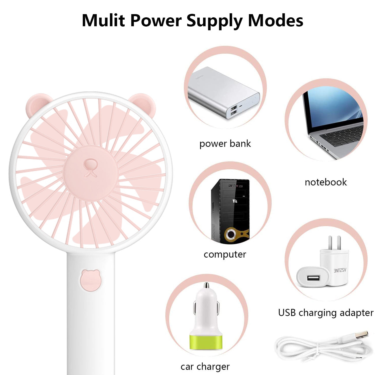 Bear Design 3 Speeds Electric Portable Personal Cooling Fan for Home Office Travel In White