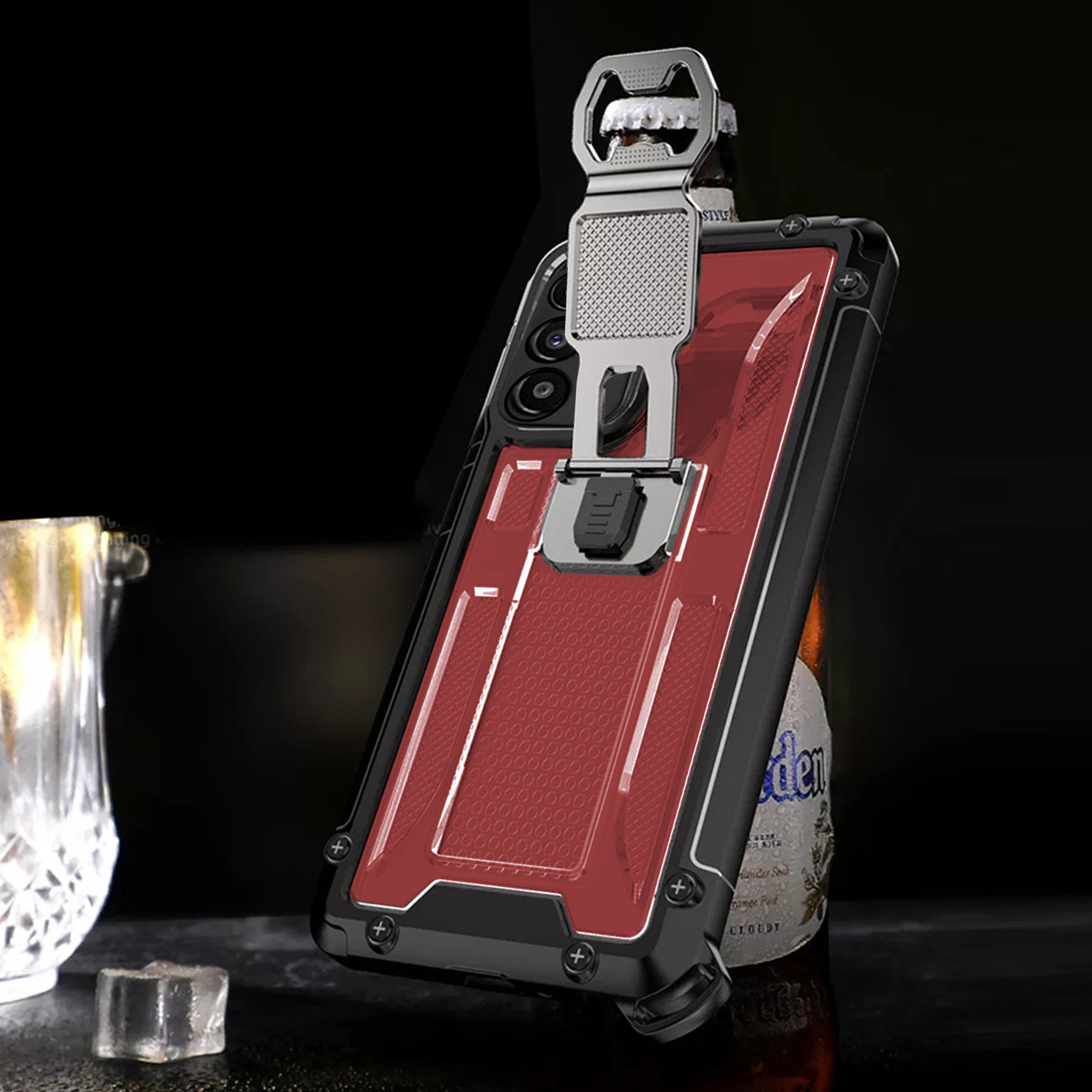 Kickstand Ring Holder/Bottle Opener with Magnetic Car Mount for Samsung Galaxy A13 5G In Red