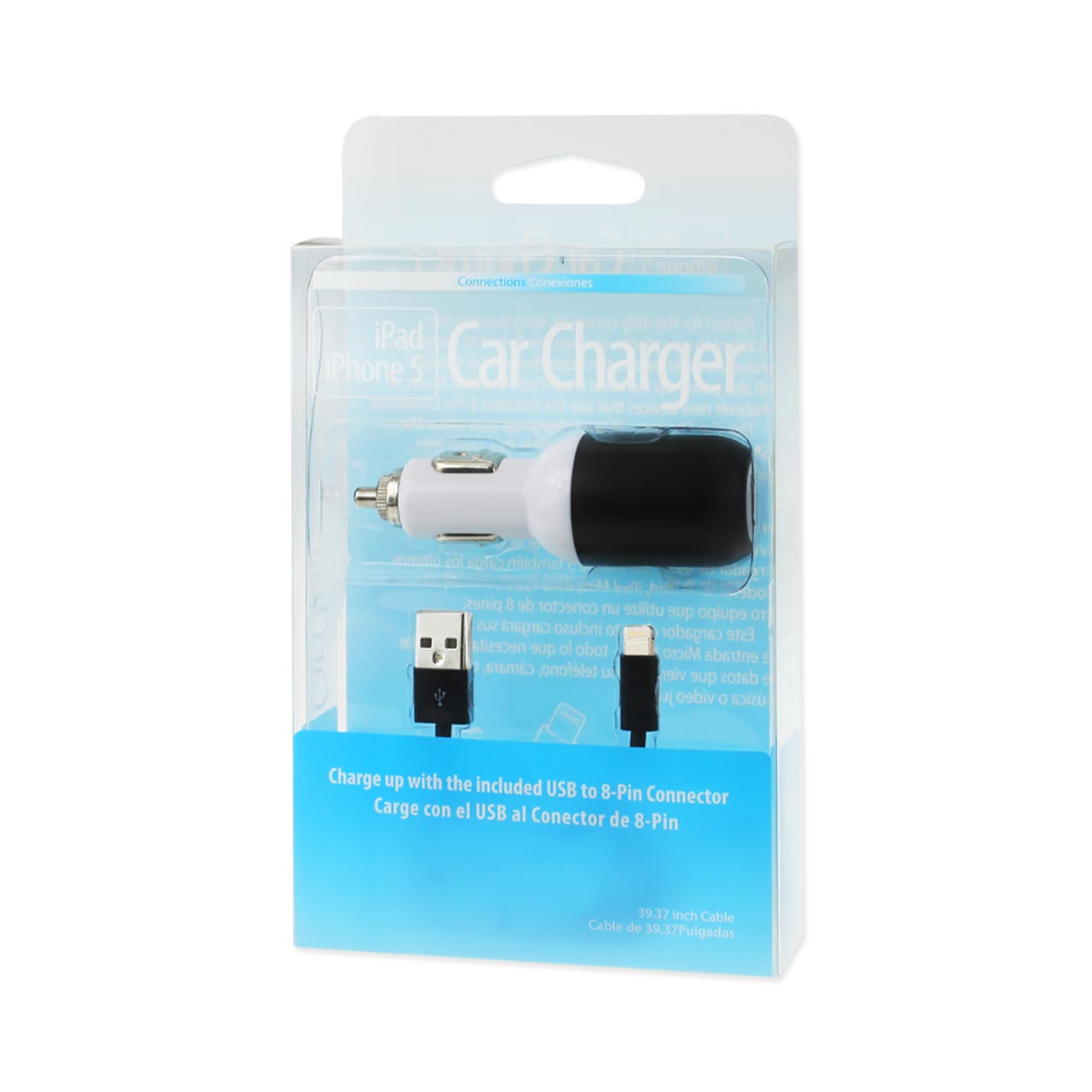 IPHONE 5/ SE 2 AMP USB CAR CHARGER WITH CABLE IN BLACK