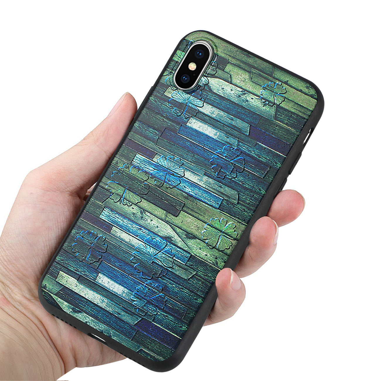 Case TPU Embossed Wood Pattern Design With Flowers iPhone X/ iPhone XS