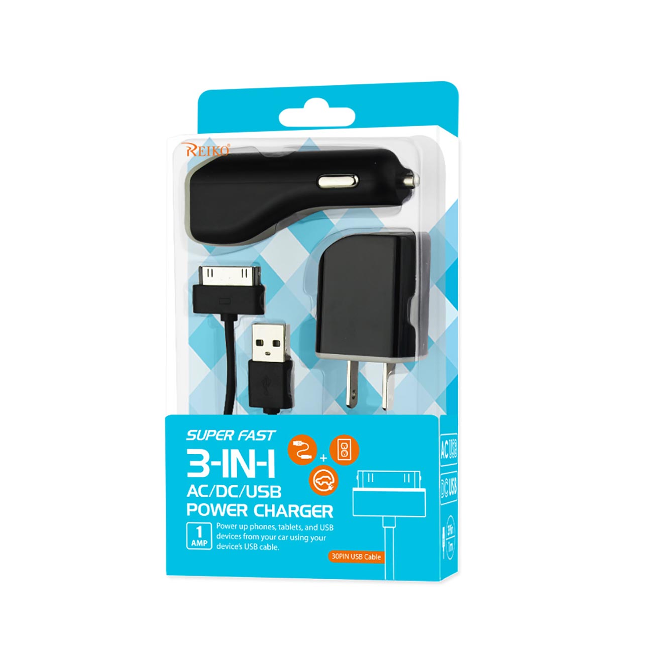 IPHONE 4G 1 AMP 3-IN-1 CAR CHARGER WALL ADAPTER WITH CABLE IN BLACK