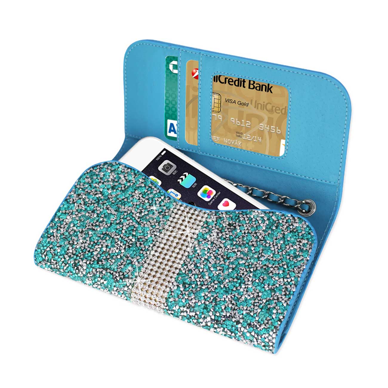 Purse Wallet Case Pouch/Phone Holster Jewelry Rhinestone Blue Color