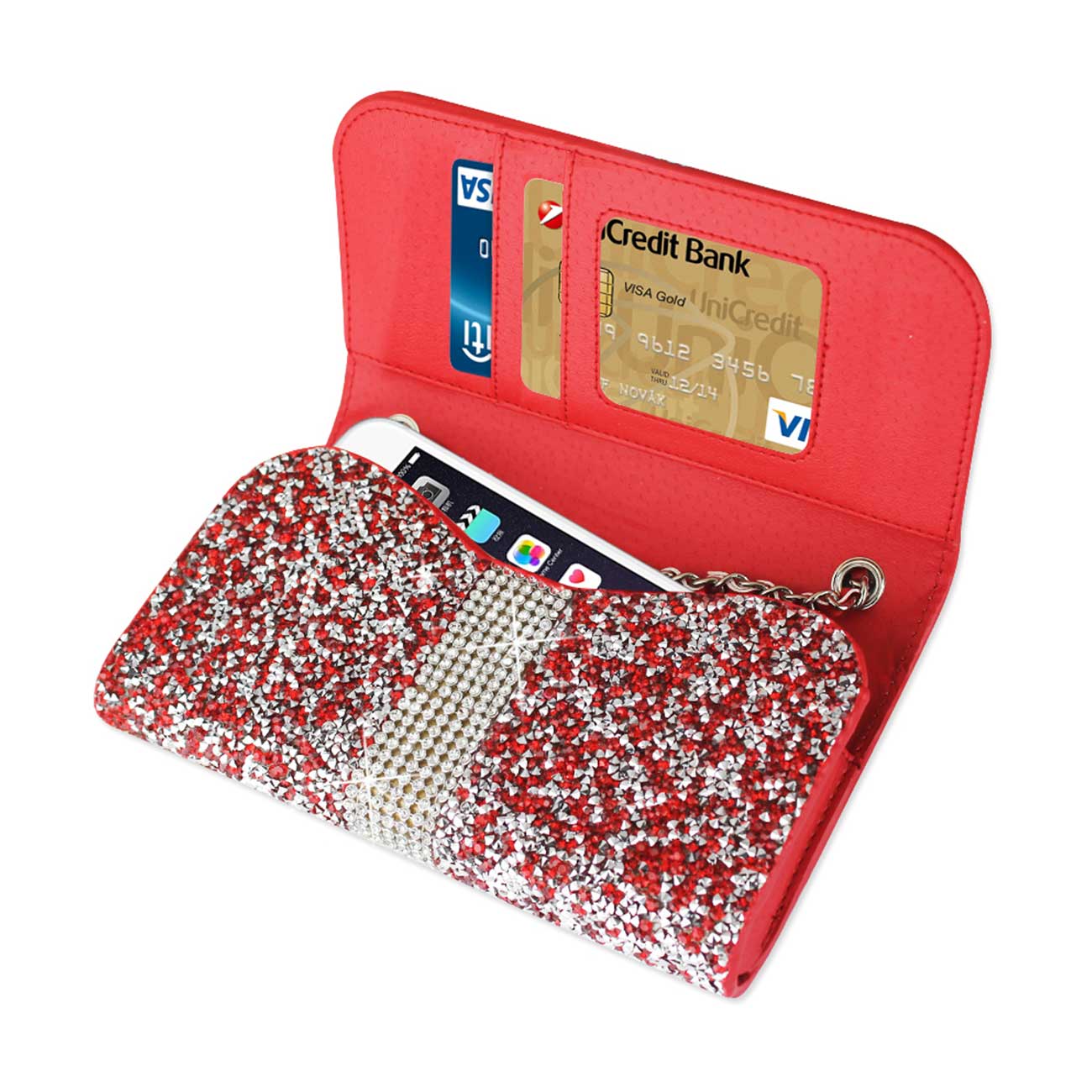 Purse Wallet Case Pouch/Phone Holster Jewelry Rhinestone Red Color