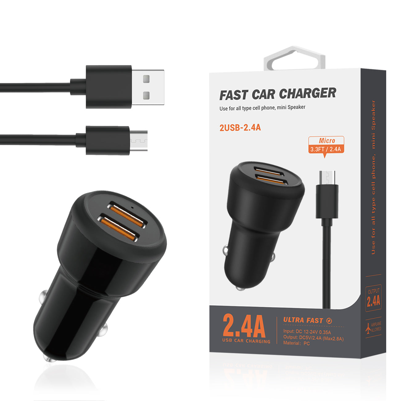 Car Charger Micro With Built In Cable 3Ft Reiko Portable Black Color