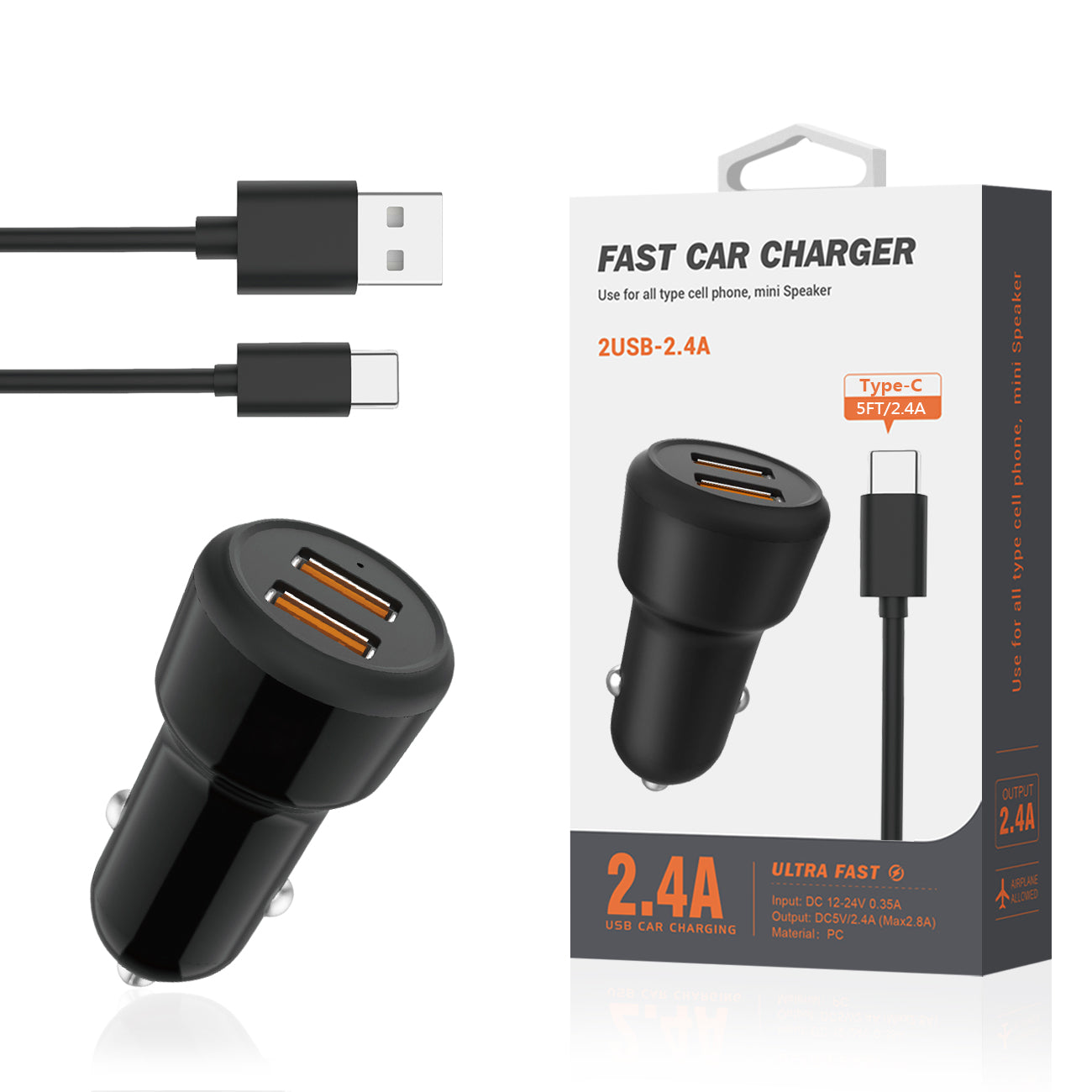 Reiko Typec Portable Car Charger With Built In 3 Ft Cable In Black