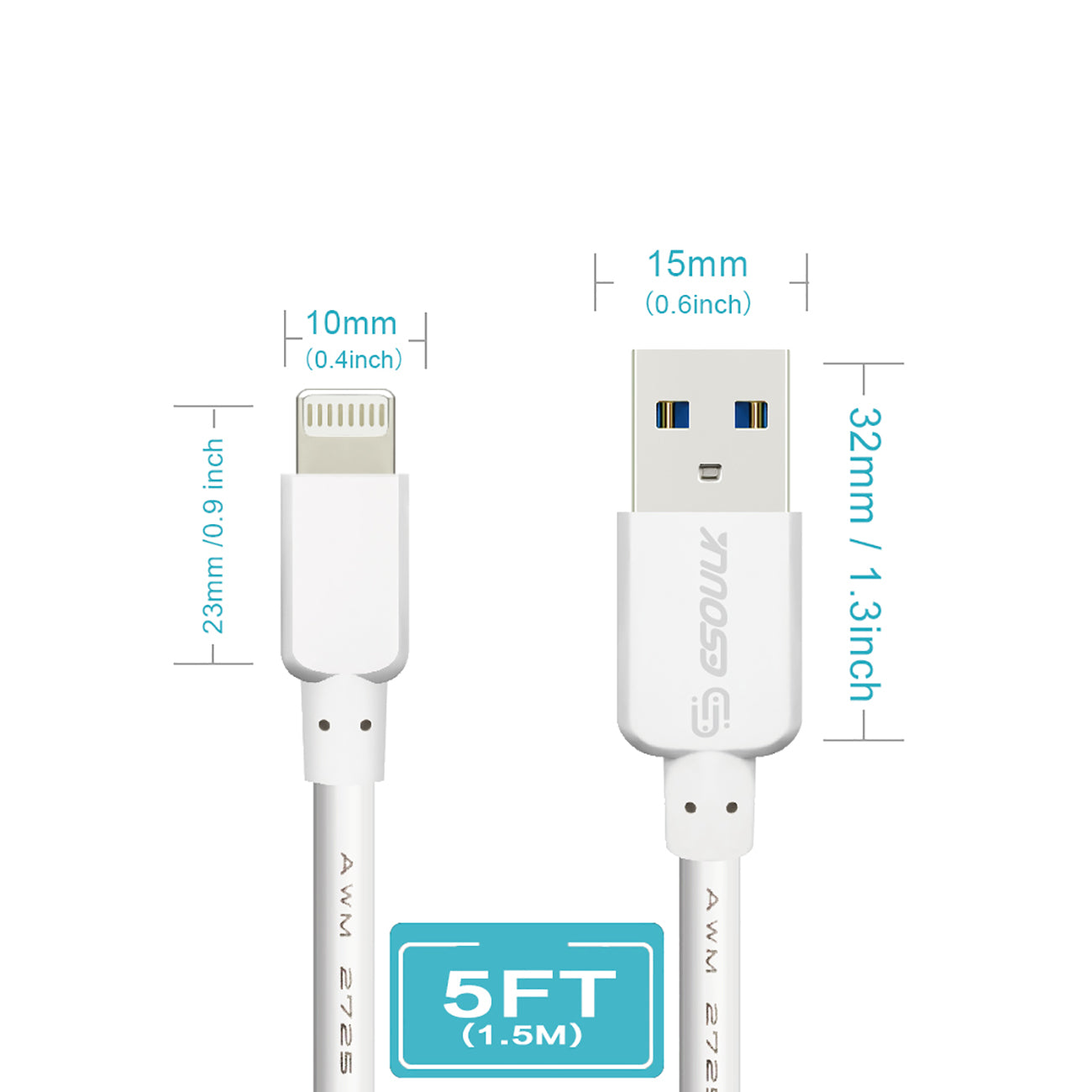 Cable Round 8 PIN 5Ft 1.5A White Color
