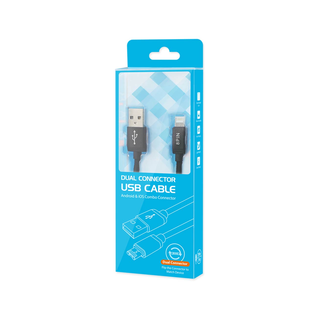 Cable USB Micro 8-PIN Reversible 2-In-1 Nylon Braided 3.3Ft Black Color