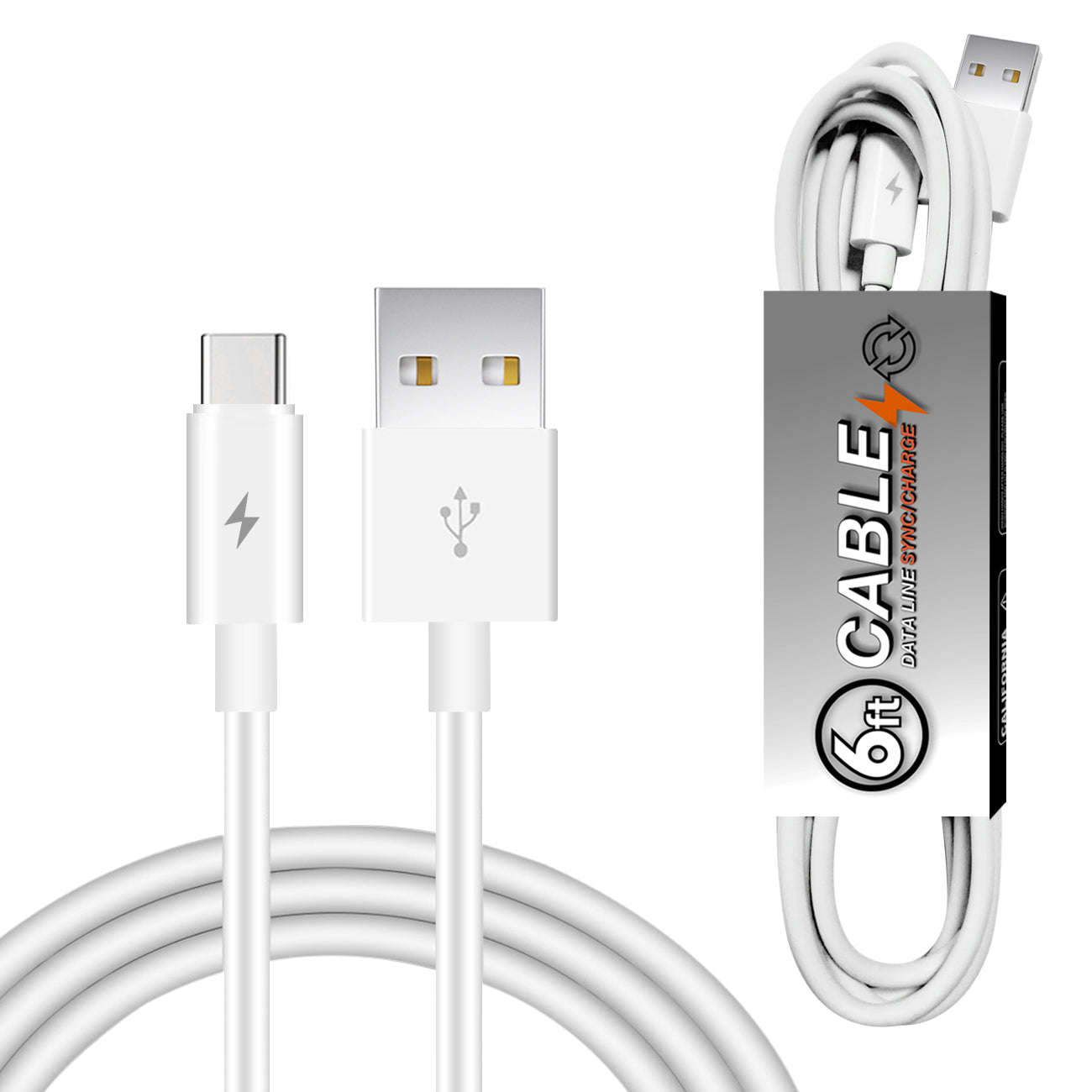 Data Cable USB 2.0 Type C PVC Material 6Ft Simple Packaging White Color