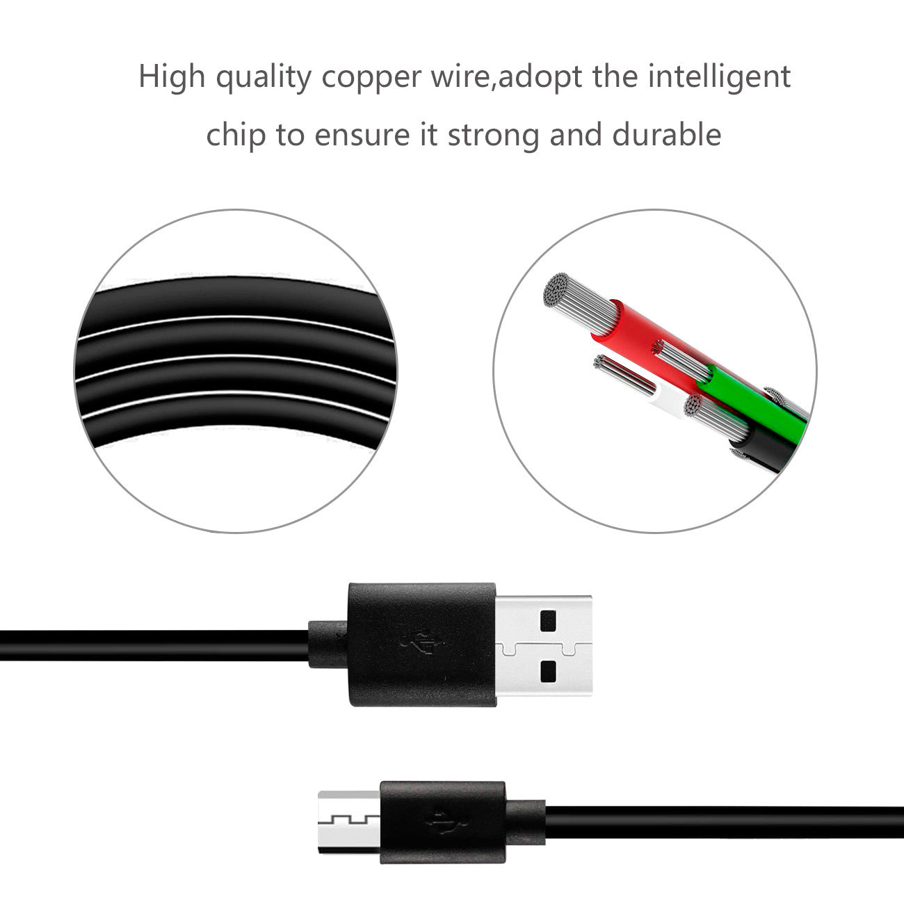 Data Cable Micro USB 2.0 PVC Material 3.3Ft Simple Packaging Black Color