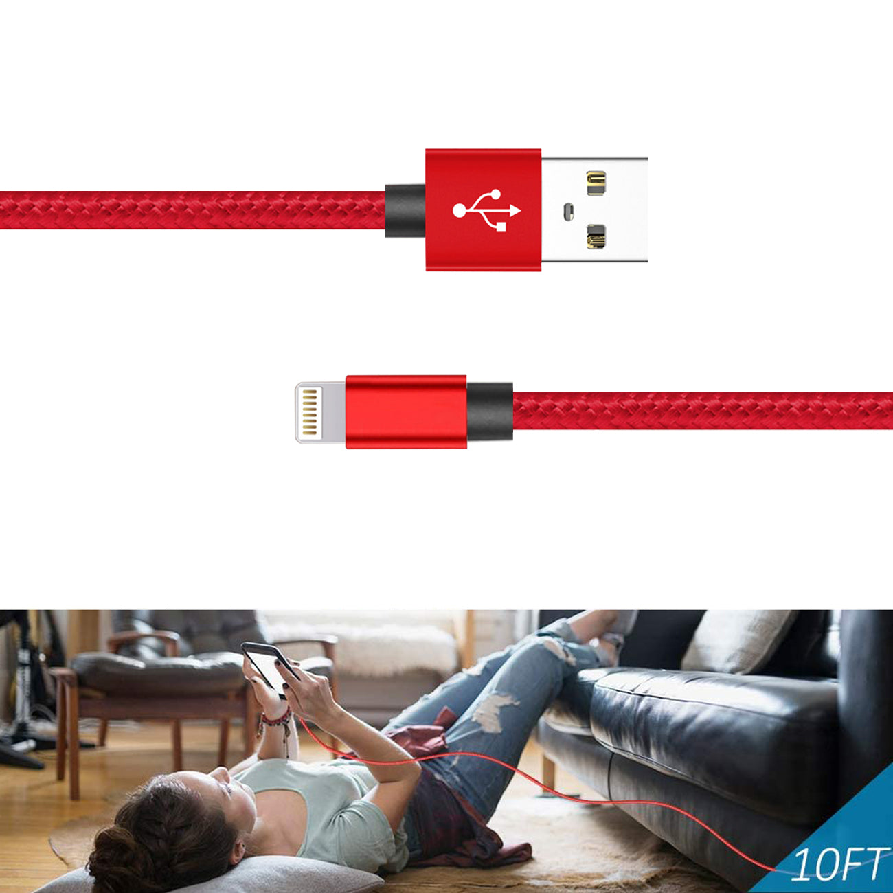 Cable USB IOS 1.7A 10FT Red Color