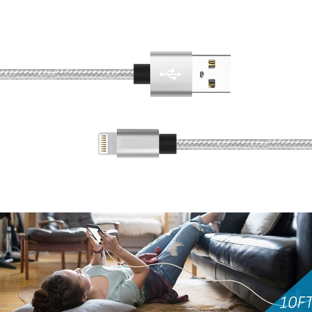 Cable USB iOS 1.7A 10FT Silver Color