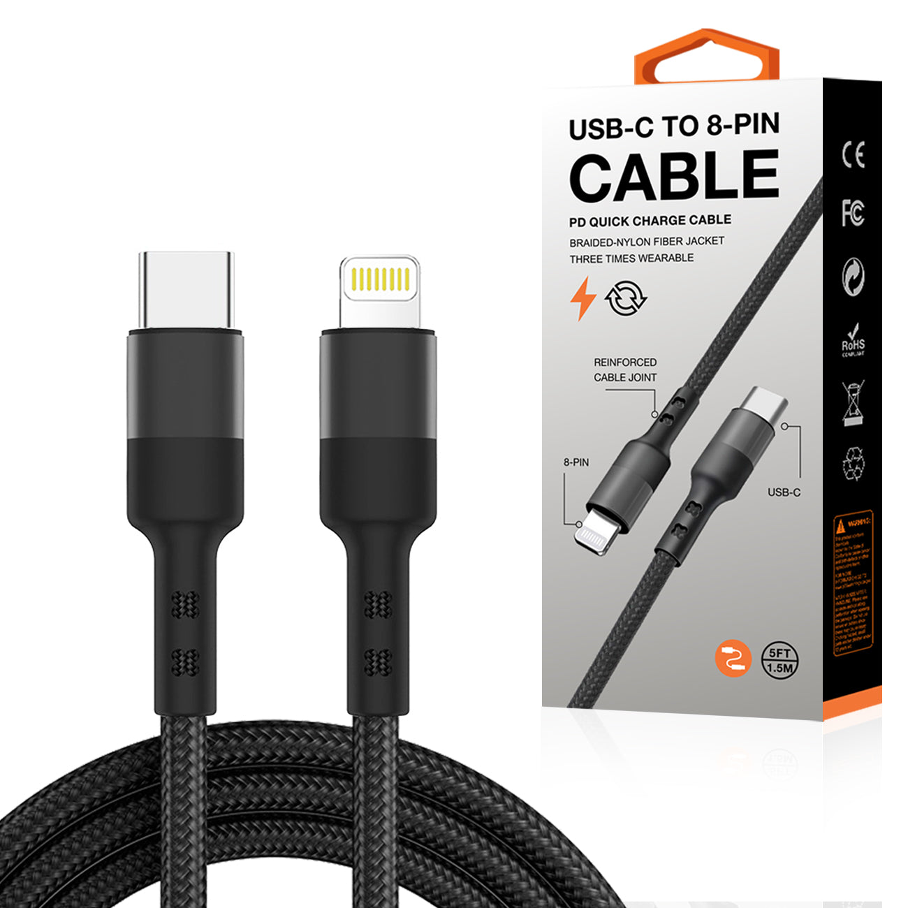 Cable USB-C to 8-Pin Fast Charging & Sync Power Delivery Nylon-Braided 5Ft Black Color