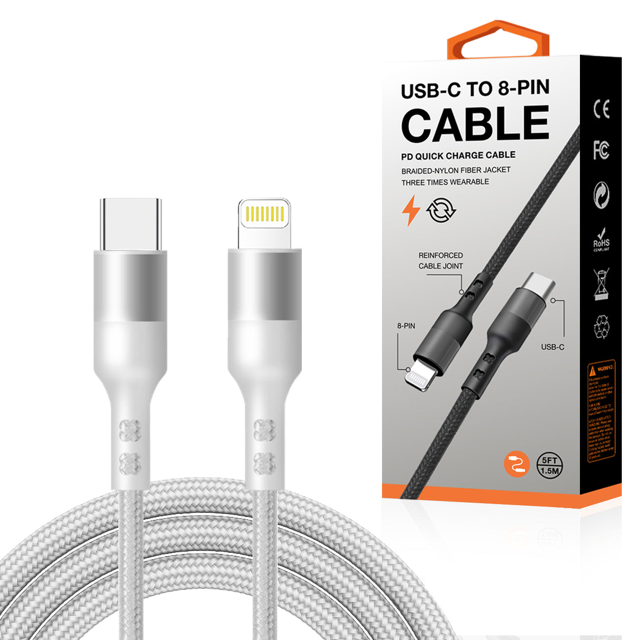Cable USB-C to 8-PIN Power Delivery Fast Charging & Sync Nylon-Braided 5Ft Silver Color