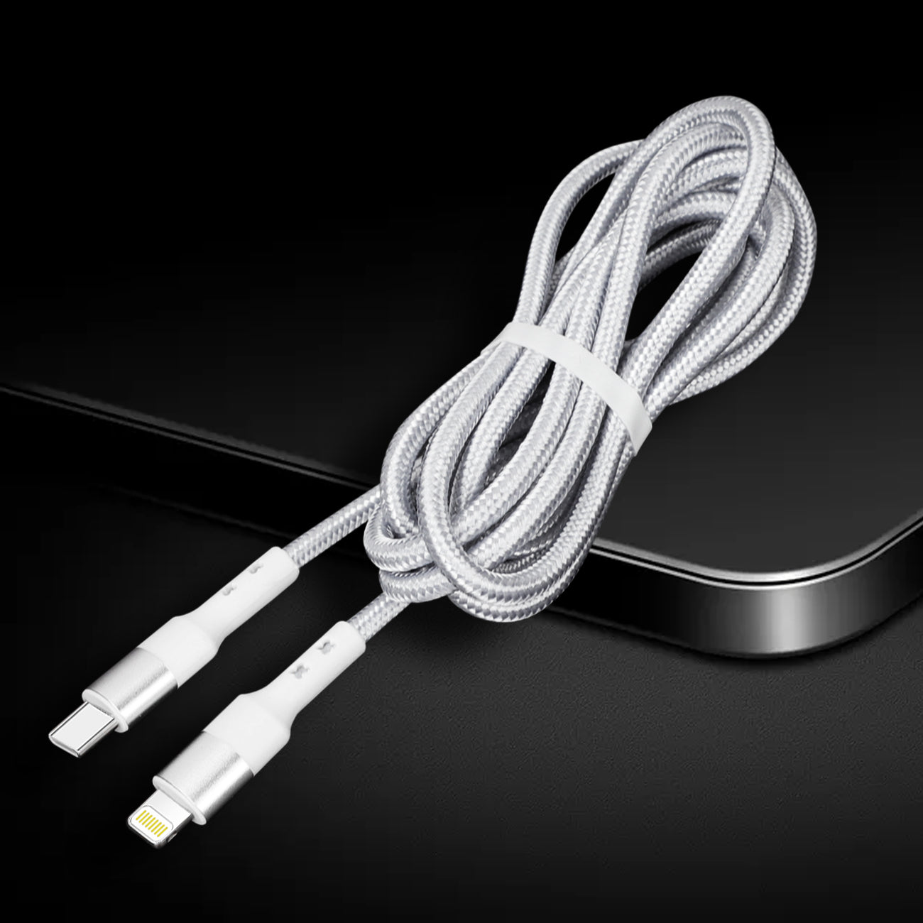 Cable USB-C to 8-PIN Power Delivery Fast Charging & Sync Nylon-Braided 5Ft Silver Color