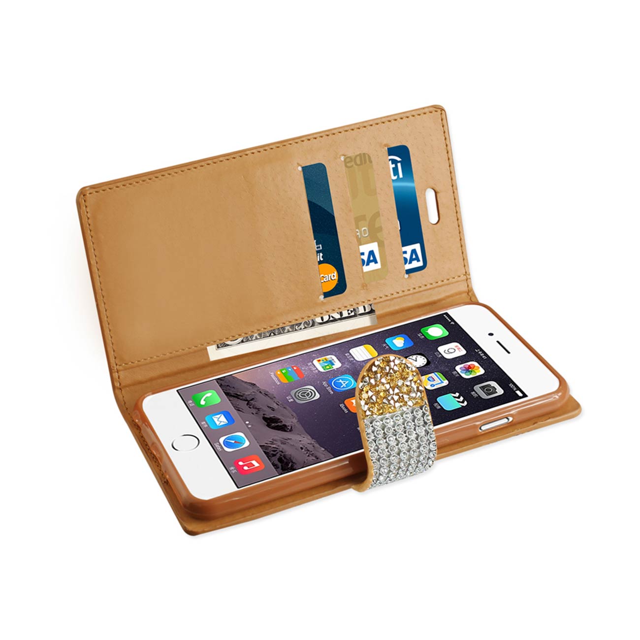 Wallet Case Diamond Rhinestone iPhone 6 Plus Gold Color
